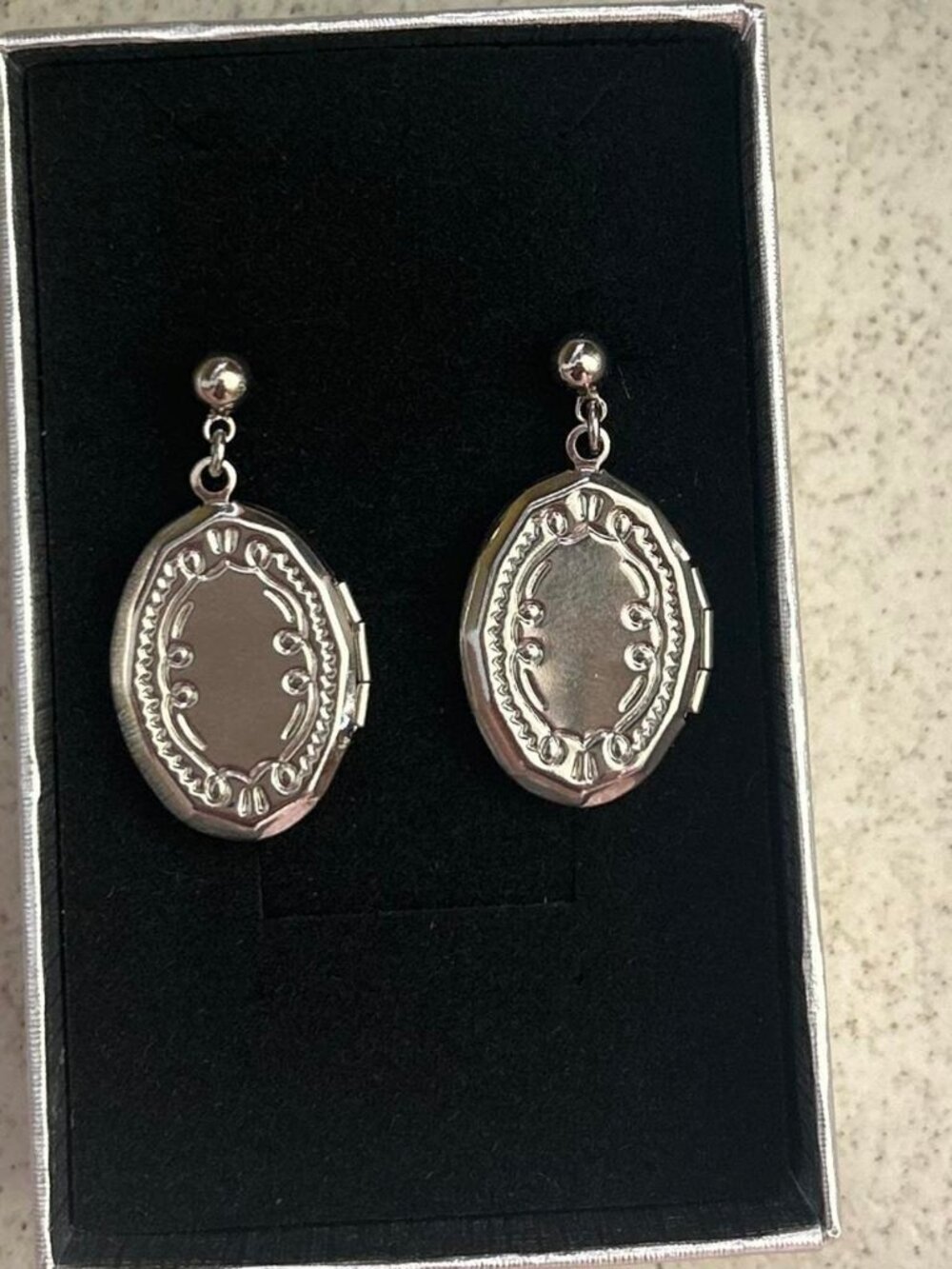 Silver Oval Locket Earrings Costume Jewelry Statement